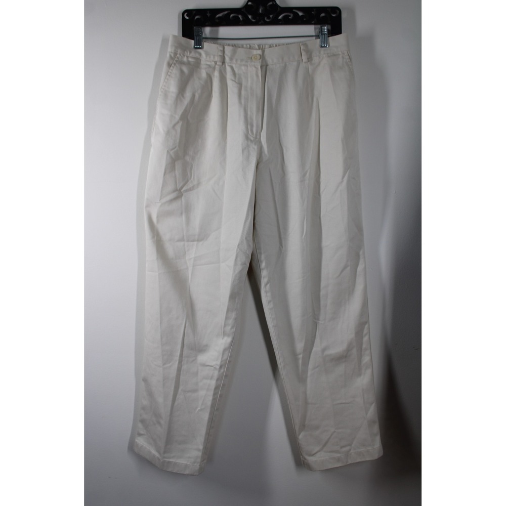 LL Bean 14P Cream Ivory Chino Pants Original Fit Pleat Front Cotton Tapered Leg